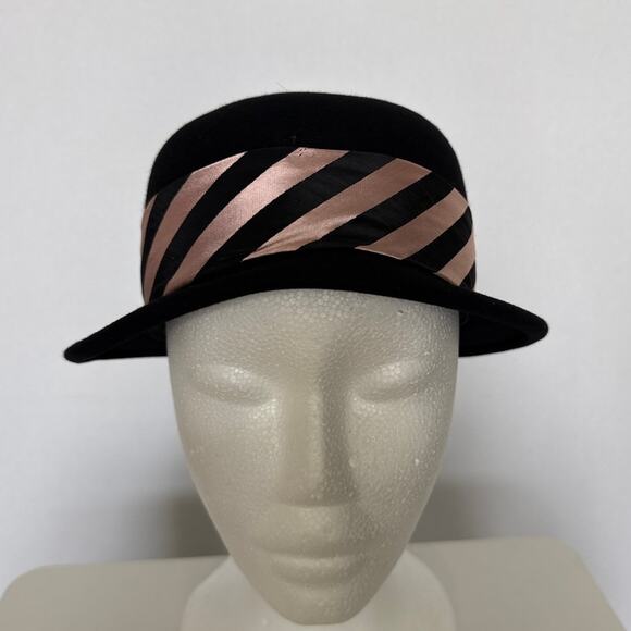 1950s–60s Austelle Black Felt Bowler Hat Pink Ribbon small main image 2